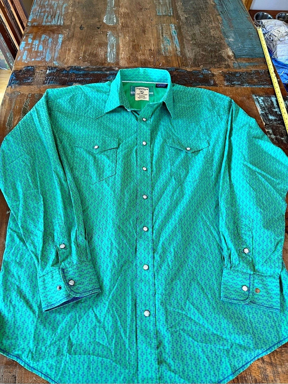 Panhandle Rough Stock Geometric Snap Shirt in Green & Blue XL Like New